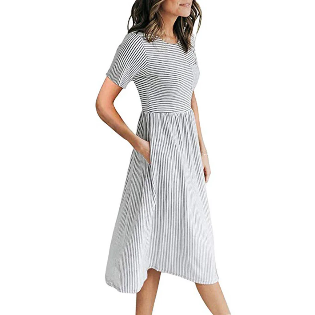 Dresses Casual Women Striped Short Sleeve Dress feminine 2019 Summer Boho Maxi Evening Party SunDresses vestidos | Женская одежда