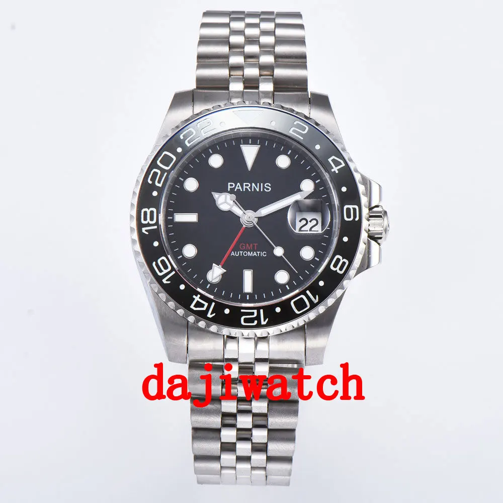 

40 мм PARNIS черный циферблат керамический Безель сапфировое стекло ДАТА GMT автоматические мужские часы механические часы светящиеся