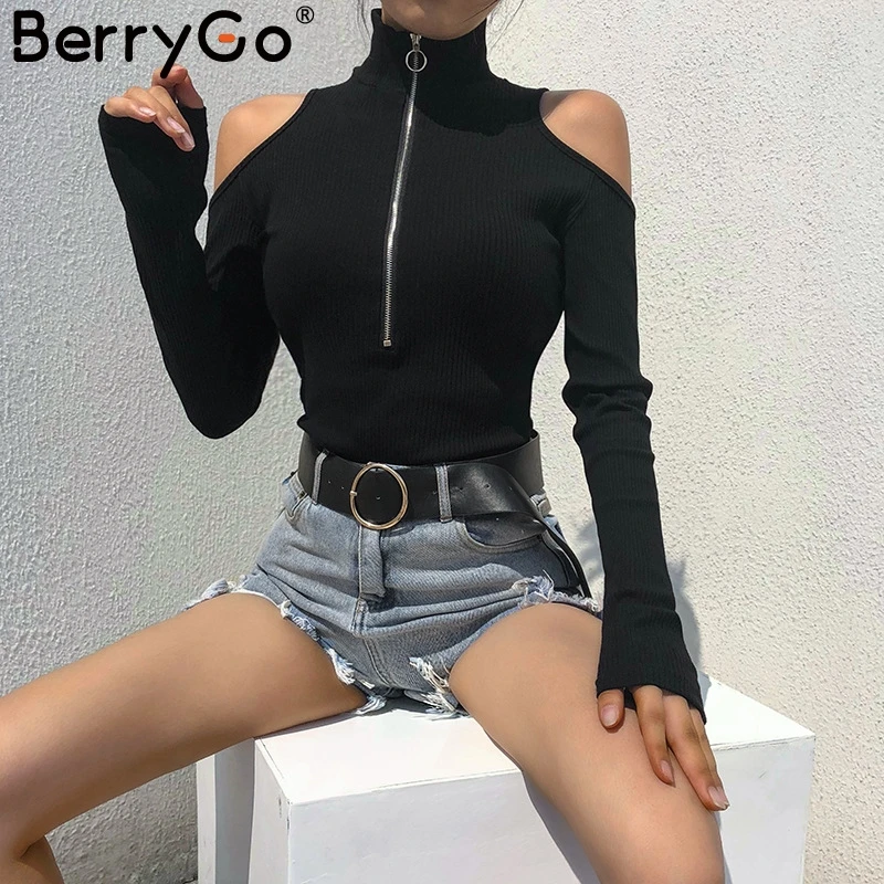 BerryGo Водолазка белая женская боди из хлопка с длинным рукавом на молнии открытыми
