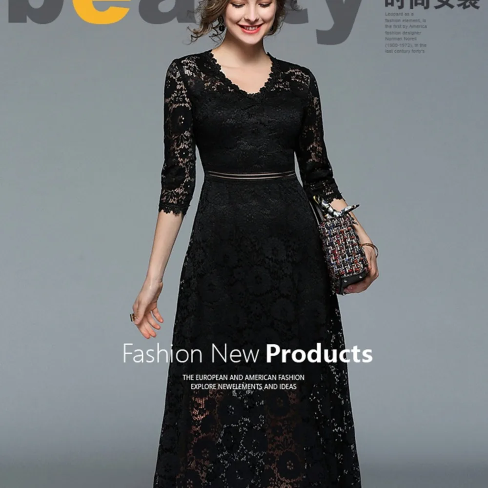 Summer Dress 2018 Women Fashion Slim Black Green V Neck Sleeves Lace Hollow Long Dresses vestedido | Женская одежда
