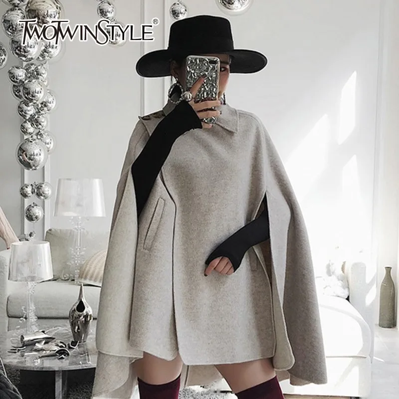 TWOTWINSTYLE пальто женское кашемировое свободное с длинным рукавом на шнуровке