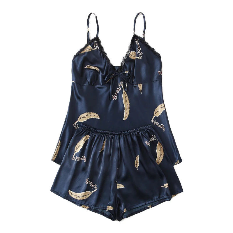 COLROVIE перо печати атласный Cami пижамный комплект для женщин повседневные короткие наборы летнее нижнее белье Ночная рубашка Дамская пижама