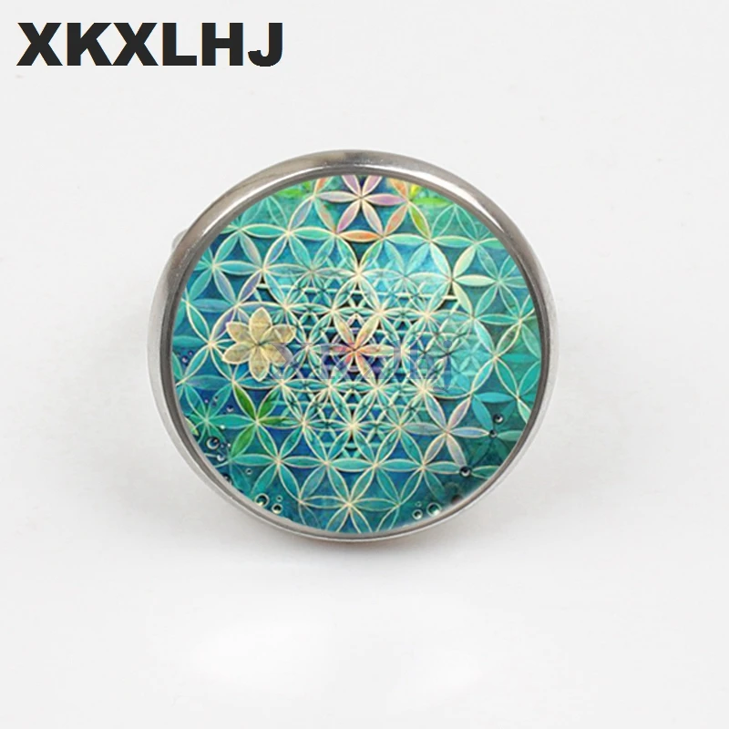

XKXLHJ 2018 New Yoga Lucky Amulet Flower of Life Art Photo Zen Ring Ornament Glass Round Ring Jewelry Gift