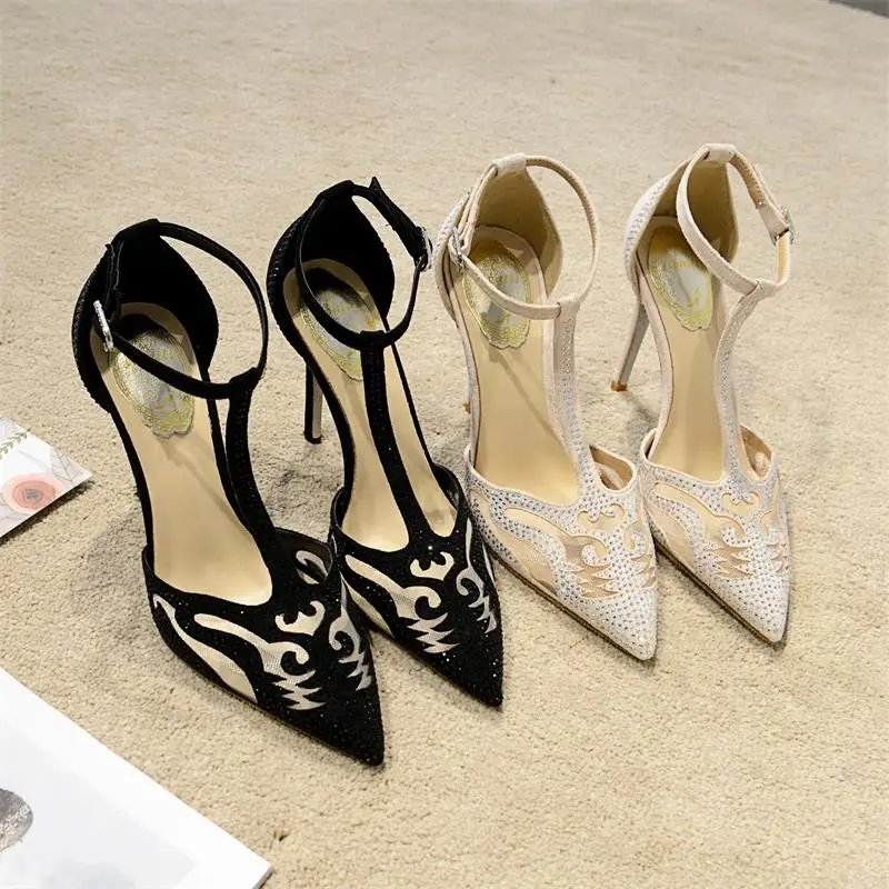 

2019 New Arrivals Air Mesh Pumps Woman Crystal T Bar Pointed Toe Hollow Dress Lady Shoes Fashion Elegant High Heel Pumps