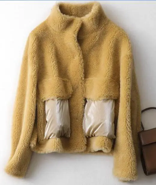 yellow ZiZhen пальто из натурального овечьего меха с карманами куртка шорты воротник Мандарин весна осень Новая женская KQN59304 - Цвет: yellow