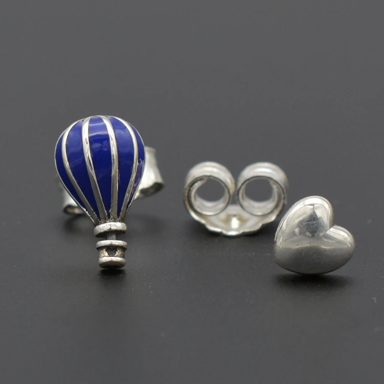

High Quality 925 Sterling Silver Air Balloon And Heart With Blue Enamel Earring For Women Wedding Fine Jewelry From Europe