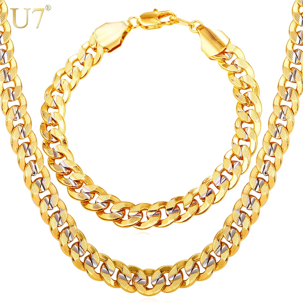 

U7 Men Jewelry Set Two Tone Gold Color Hip Hop Trendy 9MM Chunky Big Cuban Link Chain Necklace And Bracelet Set S823