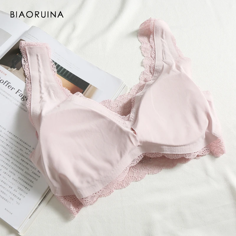 BIAORUINA, 4 цвета, Женские Бесшовные Удобные сплошные кружевные лоскутные сексуальные бюстгальтеры, женские повседневные Бюстгальтеры без косточек