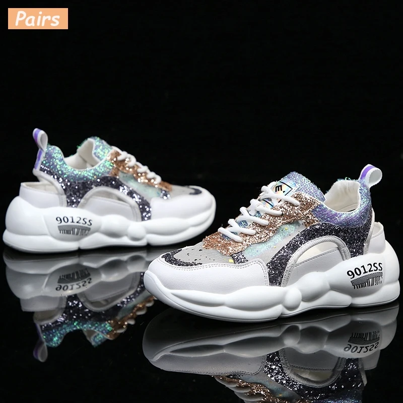 2019 новые белые кроссовки с граффити женские летние сетчатые блестящие на