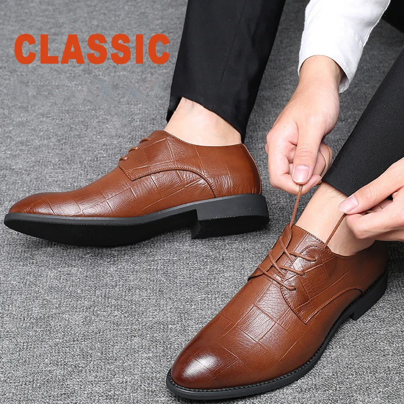 M-anxiu Fashion Plaid Pattern Leather Derbies Shoes Men Pointed Toe Lace Up Business Formal Dress Black Gray Brown | Обувь