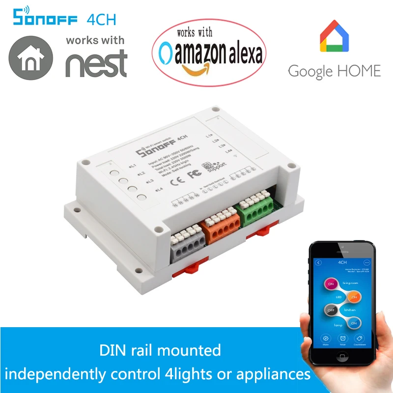 Sonoff 4CH 4 канала Wifi Smart Switch Универсальный соответствующий стандарту din рельсовый