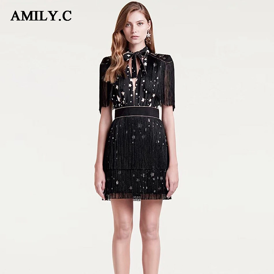 Amily.c 2018 New Spring Women Dress Turtleneck Sexy Bodycon Tassel Chic Celebrity Party Black Dresses Wholesale Vestidos | Женская