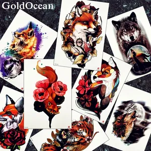 Большие Татуировки 3D Flash Fox, временные татуировки на руку, грудь, флора, искусственные мужские татуировки на ногах, волк, луна, талия, Переводные татуировки красного цвета, поставка
