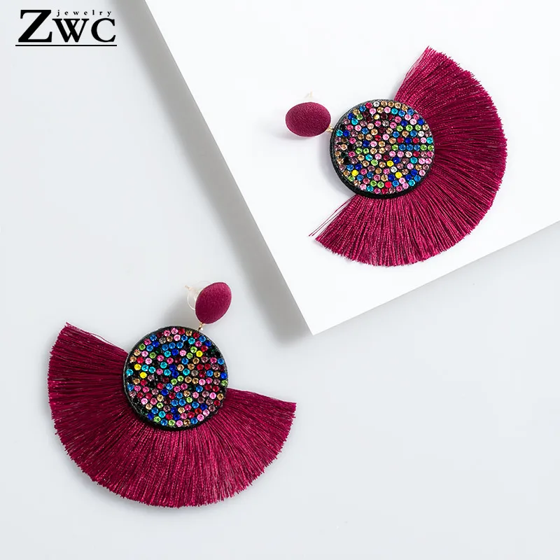 ZWC Fashion Exaggerated Bohemian Statement Color Crystal Round Long Tassel Earrings for Women Big Fringed Drop Jewelry | Украшения и