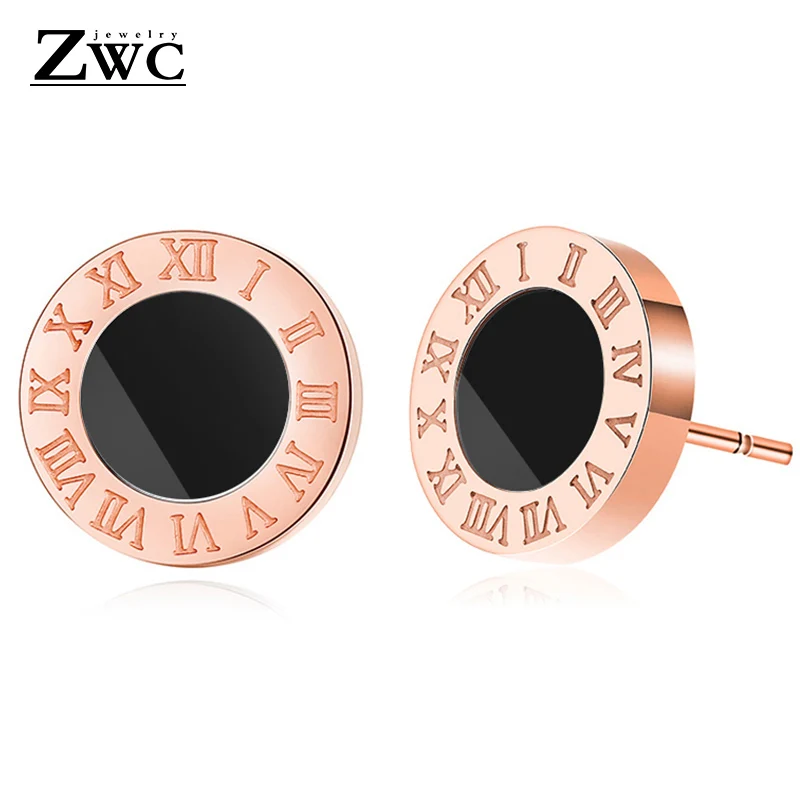 RoseGoldB ZWC модные римские цифровые титановые стальные серьги-гвоздики для женщин из нержавеющей стали гипоаллергенные круглые серьги трендовые ювелирные изделия - Окраска металла: RoseGoldB