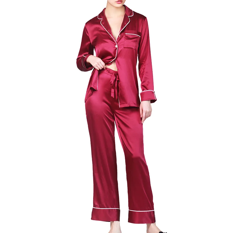 Women Pure Silk Pajamas Sleepwear Solid Two Pieces Blouse Pants Pyjamas Women Home Clothing Suits Real Silk Pyjamas For Adult