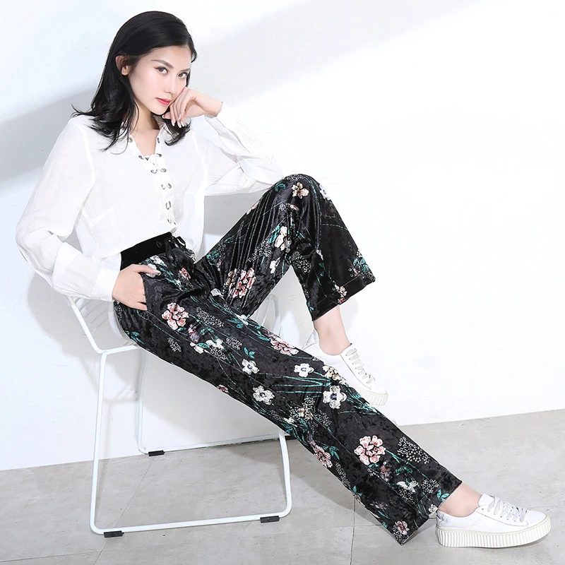 

Women's Pants Autumn Velvet Flower Print Pants Wide Leg Pants Loose Straight Trousers Long Female Trousers
