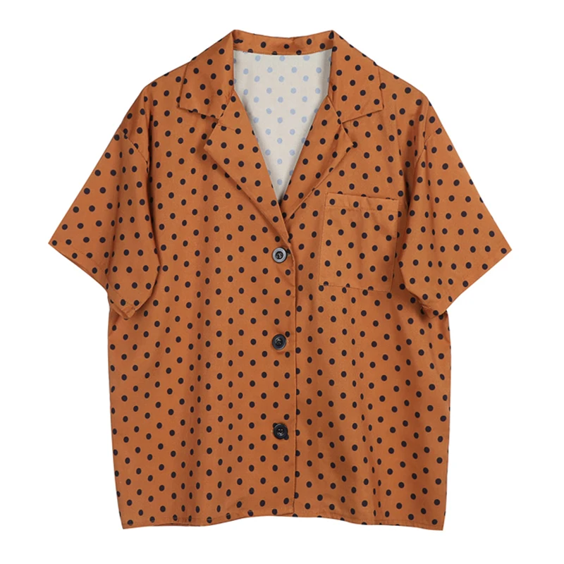 

PERHAPS U Brown Red Polka Dot Turn Down Collar Button Shirt Short Sleeve Summer Casual Loose Women B0505