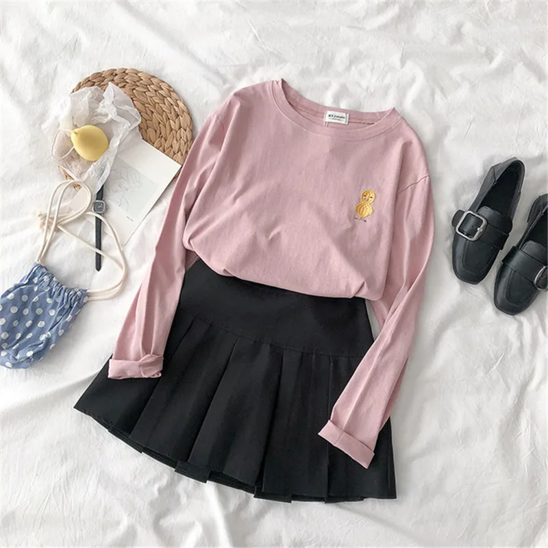 Розовый Забавный мультфильм животных вышивка футболка Femme Harajuku Винтаж Хлопок Уличная Повседневная конфеты Kawaii женские футболки топы - Цвет: Розовый