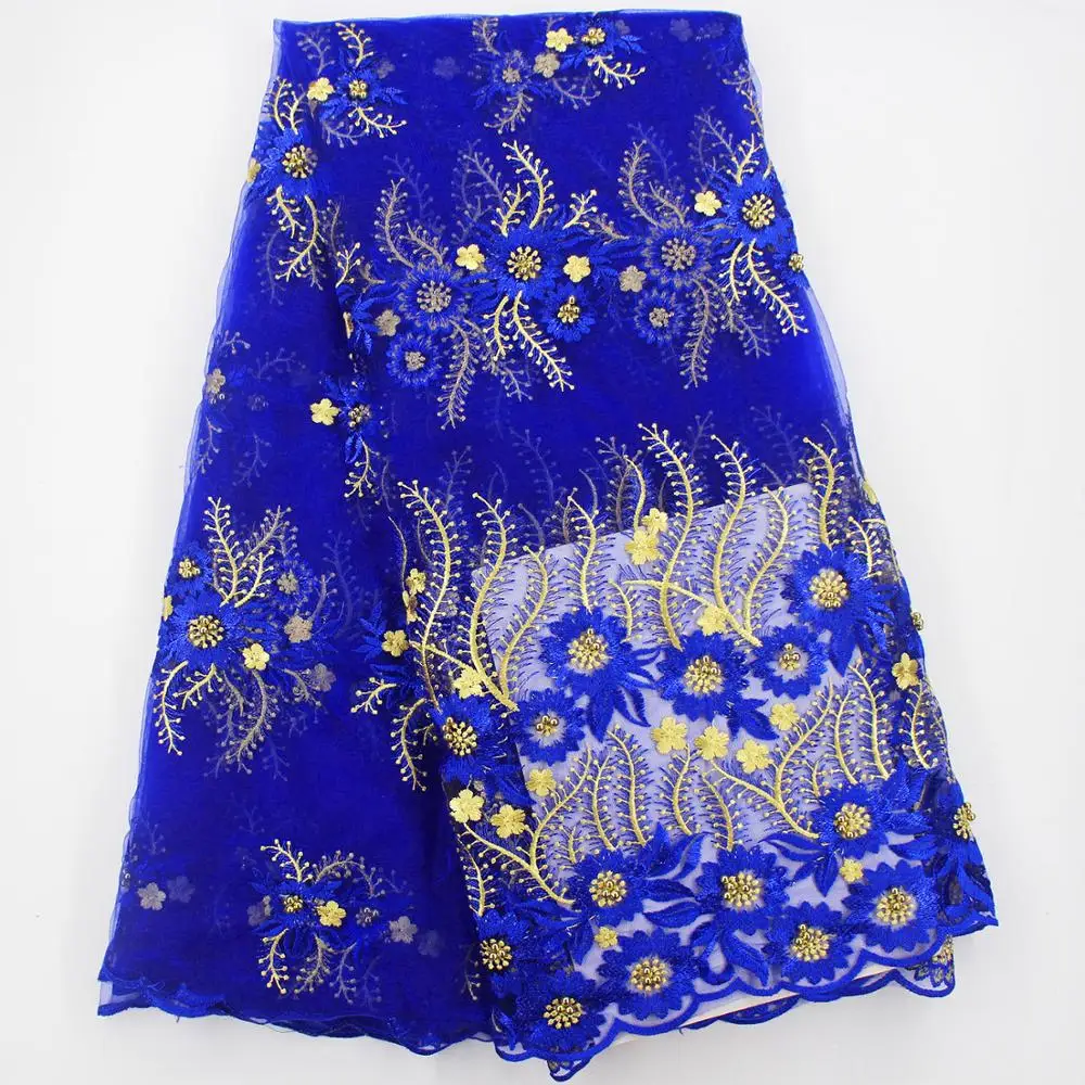 

Royal blue and gold lace fabric high quality lace for wedding african french lace with beads latest nigerian lace fabrics