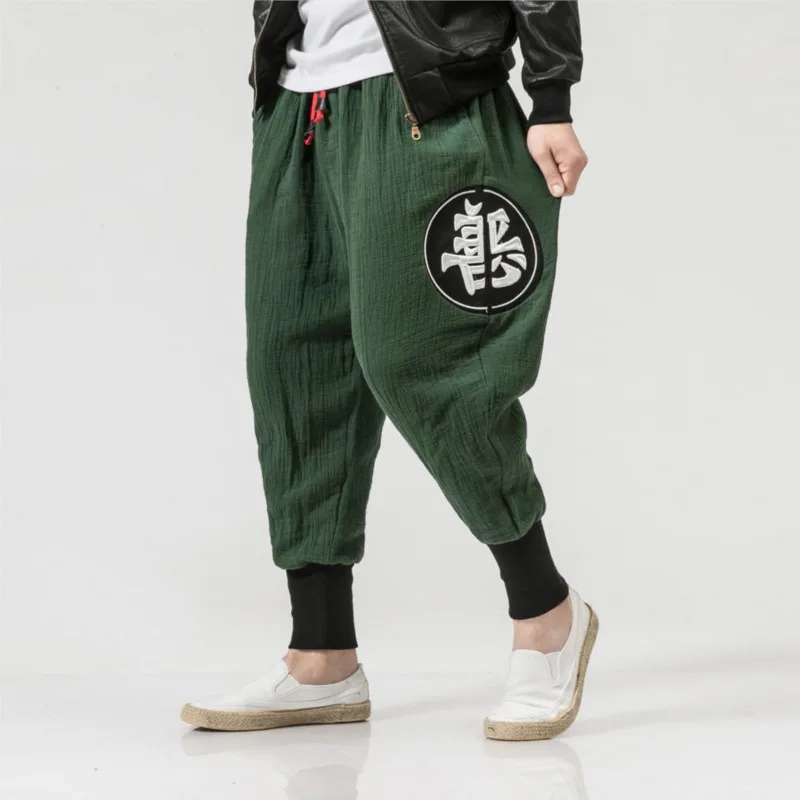 

Autumn Winter Men Linen Harem Pants Mens Letter Embroidery Cotton Joggers Pants Male Hiphop Harajuku Loose Trousers X9183