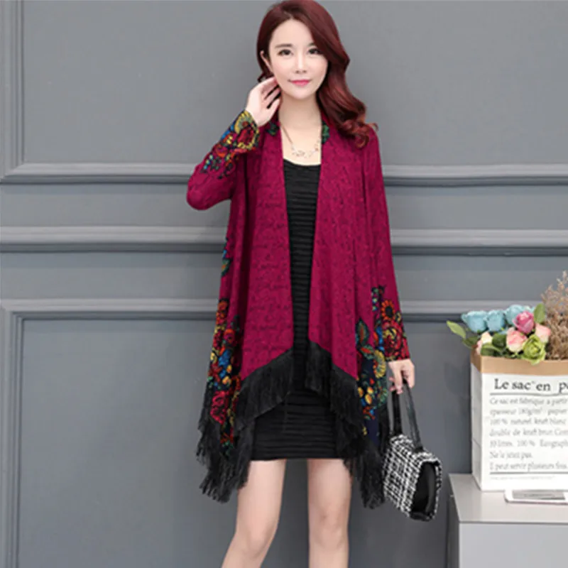 UHYTGF Autumn trench coat Womens fashion folk-custom printing Cardigan shawl thin outerwear Long sleeve loose plus size coats 83