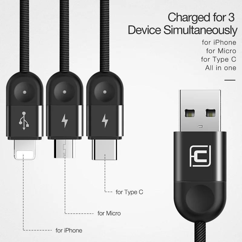 Cafele LED Light 3 в 1 USB кабель для зарядки Micro C Huawei iPhone XR Xiaomi Samsung 130 см Синхронизация