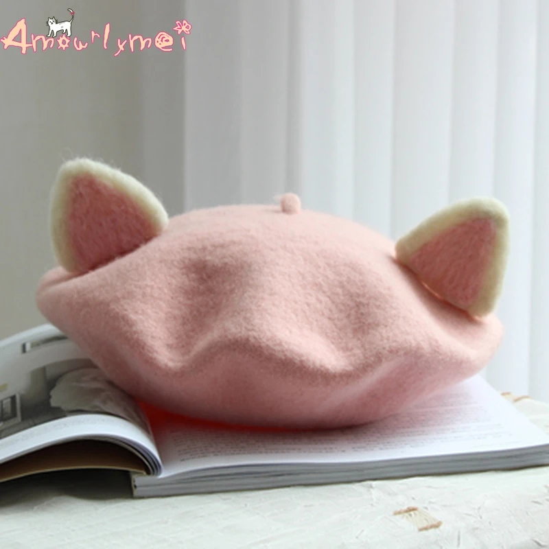 Amourlymei, Милая принцесса, Лолита, шапка, японский стиль, Mori Girl, Kawaii, шапка с кошачьими ушками, зимний шерстяной теплый берет, ручной, шерстяной берет, шапка