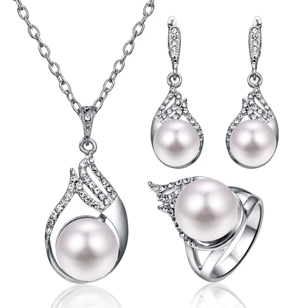 Fashion Bridal Pearl Jewelry Sets For Women Silver Color Full Rhinestone Crystal Water Drop Pendant Necklace Earrings Ring Set | Украшения
