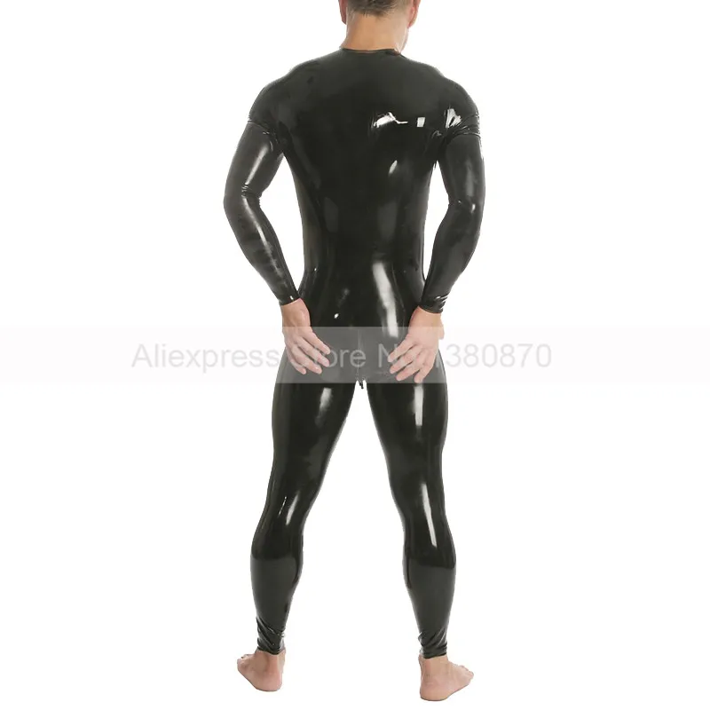 Front Zipper Men Rubber Latex Catsuit With O-neck Solid Black Tight Bodysuit Handmade S-LCM134 |