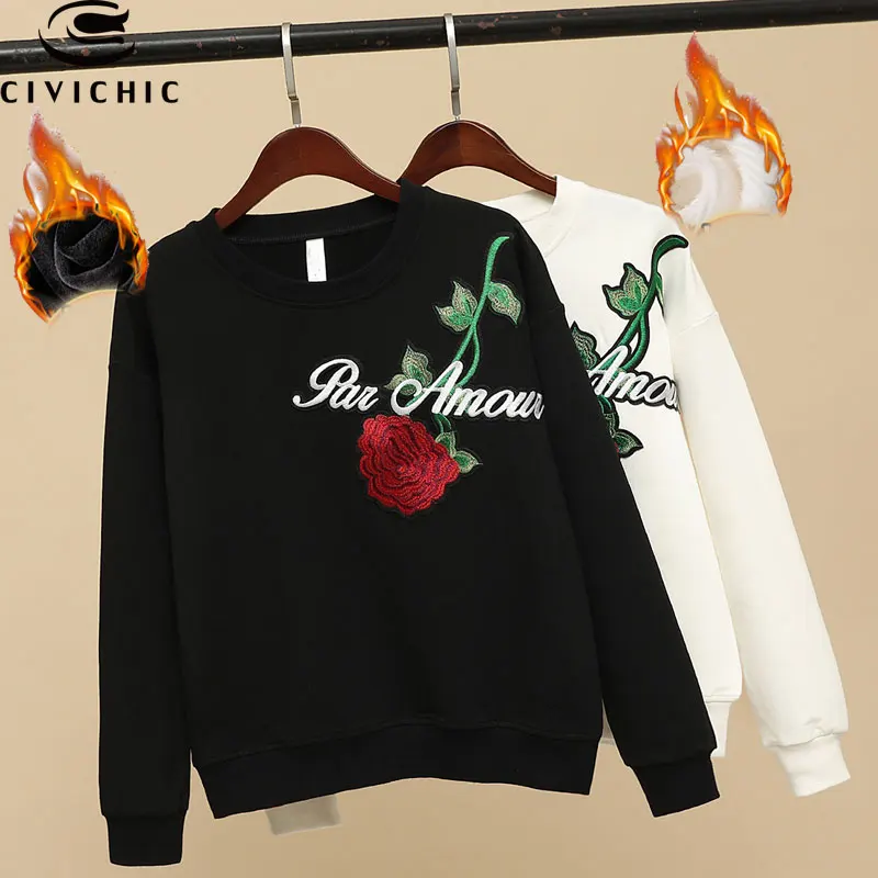 

CIVICHIC Trendy Embroidery Woman T-shirt Floral Patched Thick Pullover Vintage Letters Tops Wear O Neck Loose Cotton Tees WLT21