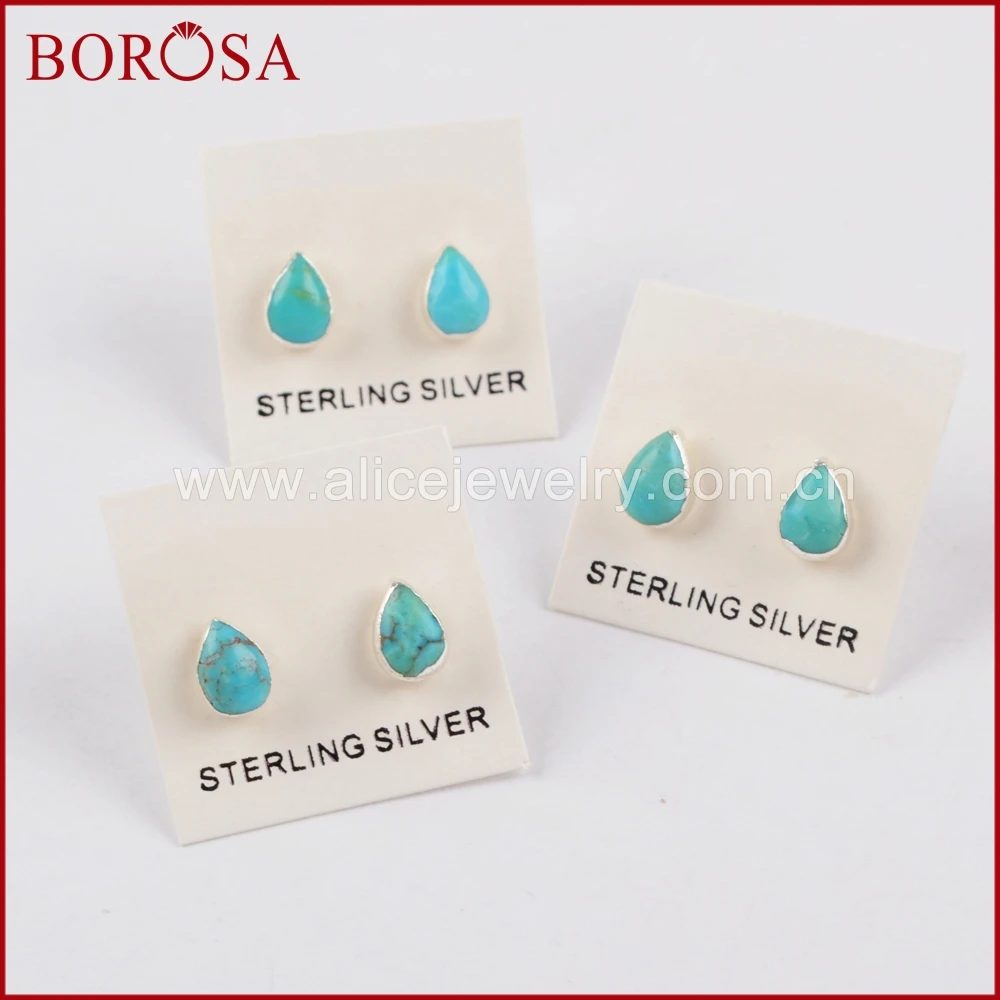 BOROSA Elegant Pure Silver Natural Tur-quoise Stud Earrings Druzy Jewelry Gems Fashion for Women Girls SS177 |