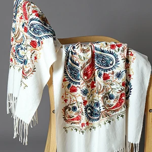 White Красные/фиолетовые/черные/синие 18 цветов кашемировые женские шарфы с цветочной вышивкой, длинные зимние женские шарфы больших размеров пашмины - Цвет: White