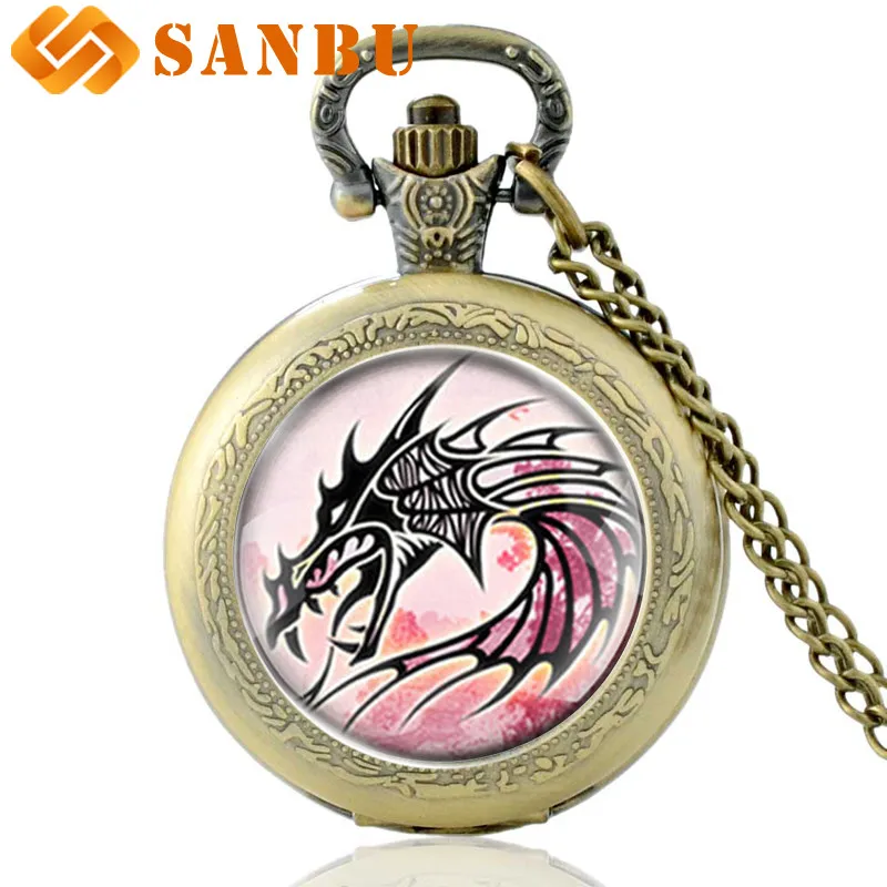 

Классические кварцевые карманные часы с бронзовым драконом, винтажные мужские и женские часы в стиле панк с подвеской дракона и ожерельем
