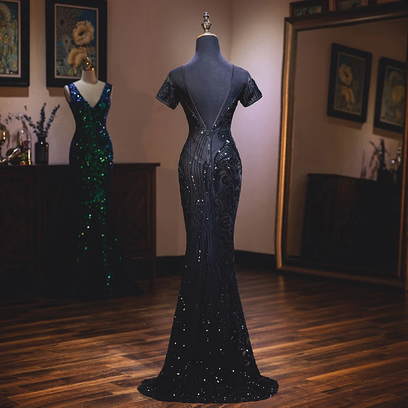 Short Sleeve V-Backless Evening Dress Elegant Abendkleider 2019 Robe De Soiree Scoop Neck Black Mermaid Dresses Long | Свадьбы и