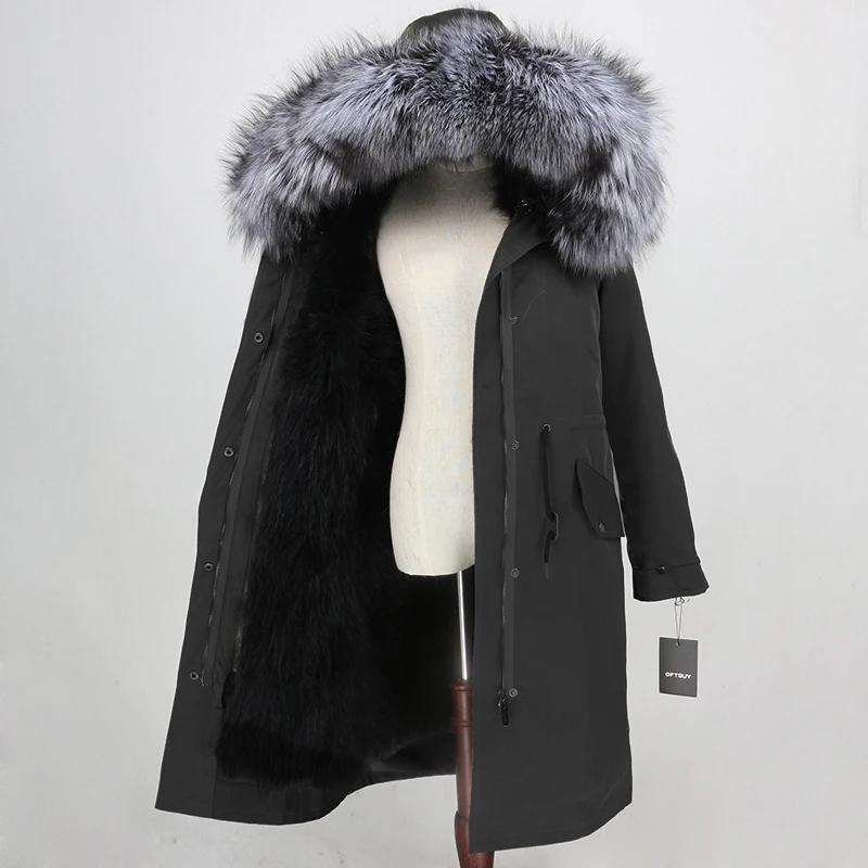black black silver Пальто с натуральным мехом, бренд X-long Parka, водонепроницаемая ткань, верхняя одежда, зимняя куртка для женщин, натуральный Лисий мех, капюшон, подкладка из лисьего меха, отстегивается - Цвет: black black silver