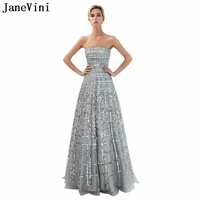 janevini sparkly grid sequined beading grey long bridesmaid dresses a line strapless tulle pageant prom party gowns floor length