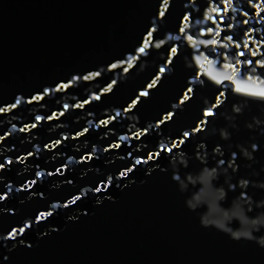 

Gun Black Glass Quartz Faceted Rondelle Beads Chains,Rosary Plated Silver Wire Wrapped Link Bracelet Supplies Necklace Wholesale