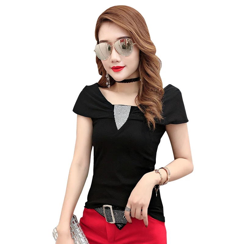 Black tshirt Сетчатая Лоскутная футболка в алмазах с v-образным вырезом и круговой накидкой, новинка, летний женский модный топ с коротким рукавом, Camiseta Mujer, черный, T95809L - Цвет: Black tshirt