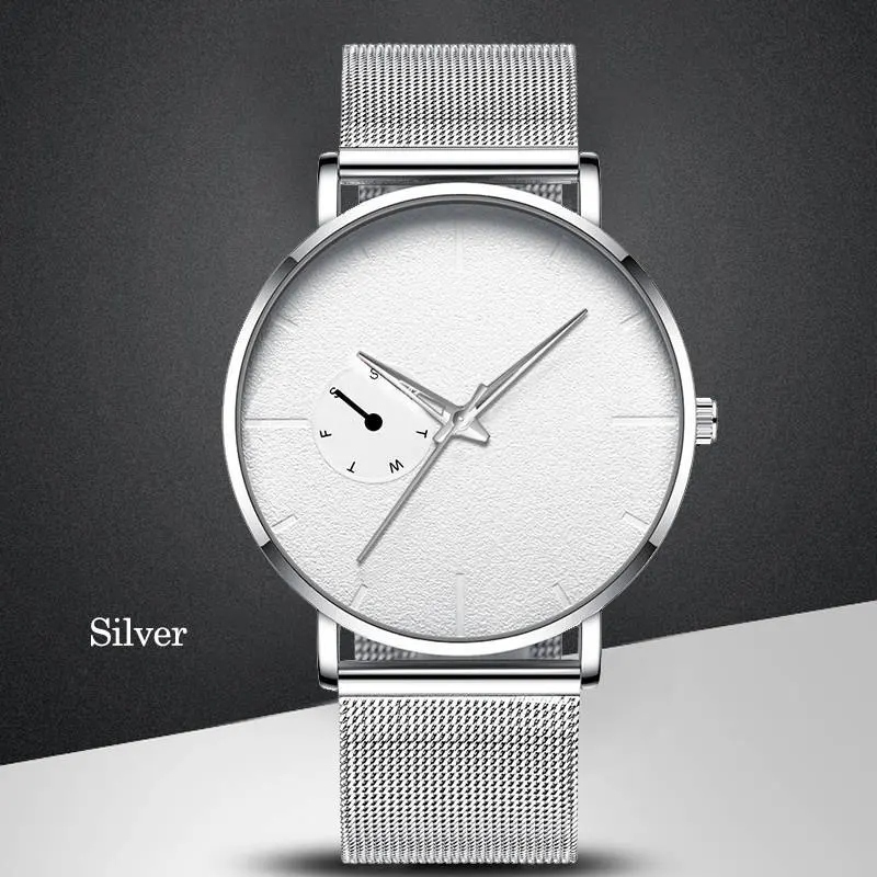 SilverWhite Ультра тонкие мужские часы повседневные минимализм брендовые кварцевые простые синие указки наручные часы с сетчатым ремешком деловые часы мужские часы - Цвет: SilverWhite