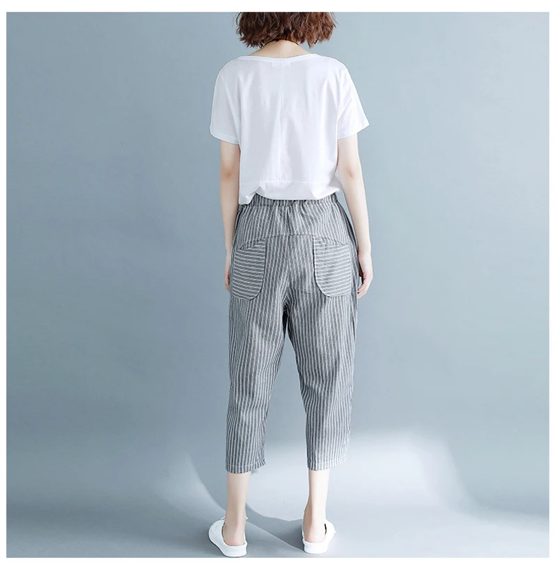 BJY 2019 new women's summer striped color matching nine pants casual loose fashion high waist elastic band XL harem | Женская одежда
