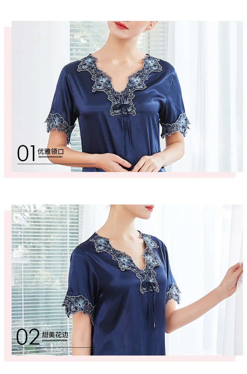 

Herislim Silk Nightgown Women Embroidery Short Sleeve Summer Nightdress Sexy Lace Home Dress Sleepwear Nightwear Home Clothes