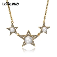 longway new gold color chain necklaces imitation pearl pendants surround austrian crystal star bijoux for women gift sne150813