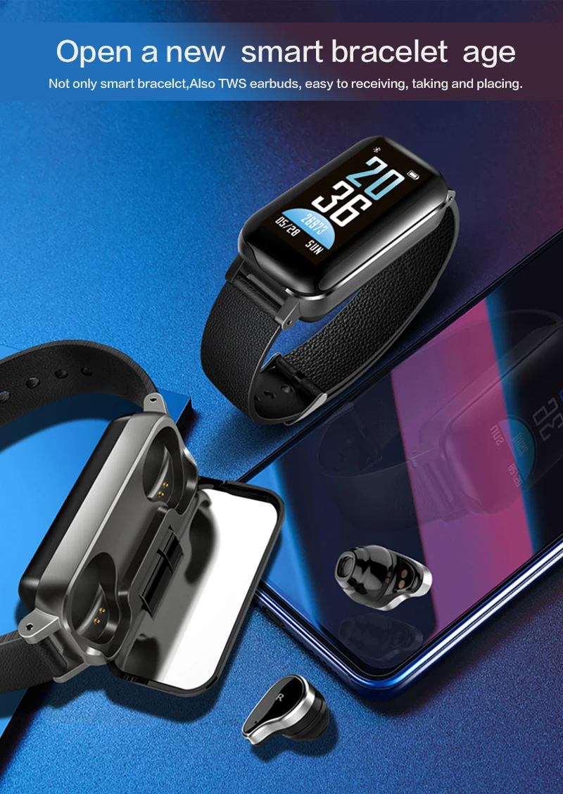 Bluetooth Смарт-браслет с двумя наушниками монитор сердечного ритма гарнитура Talk band смарт-часы фитнес-трекер Шагомер наушники