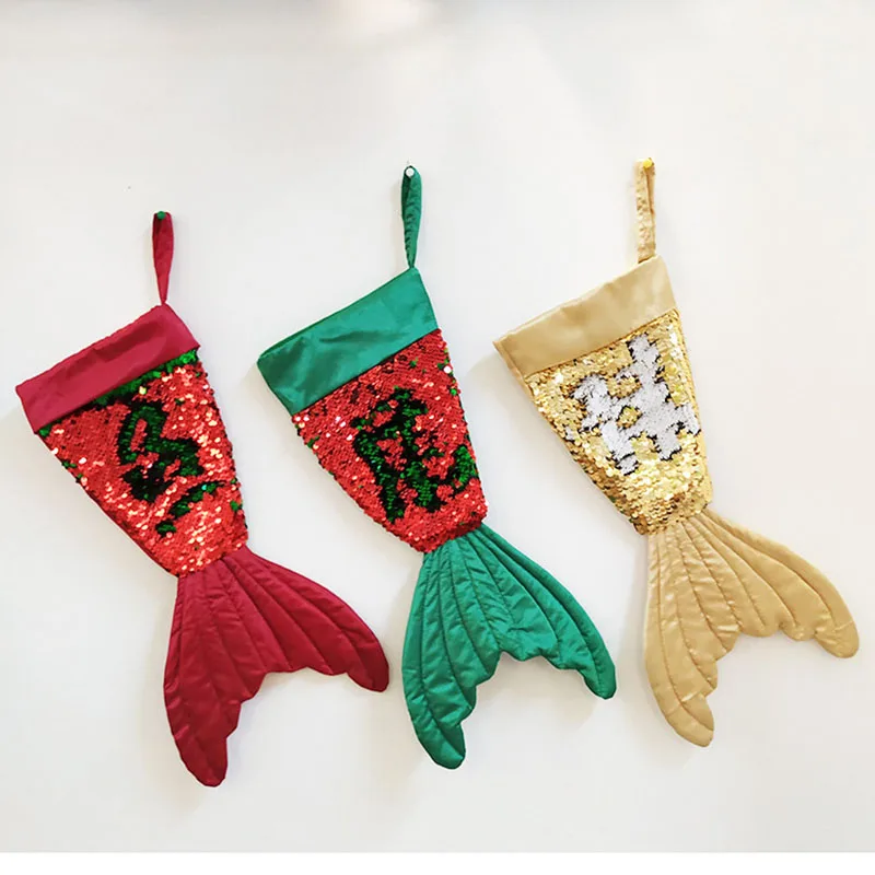 Christmas Decorations Mermaid Reversible Sequins Socks Tree Home Pendants Kid New Year Gift Bag | Дом и сад
