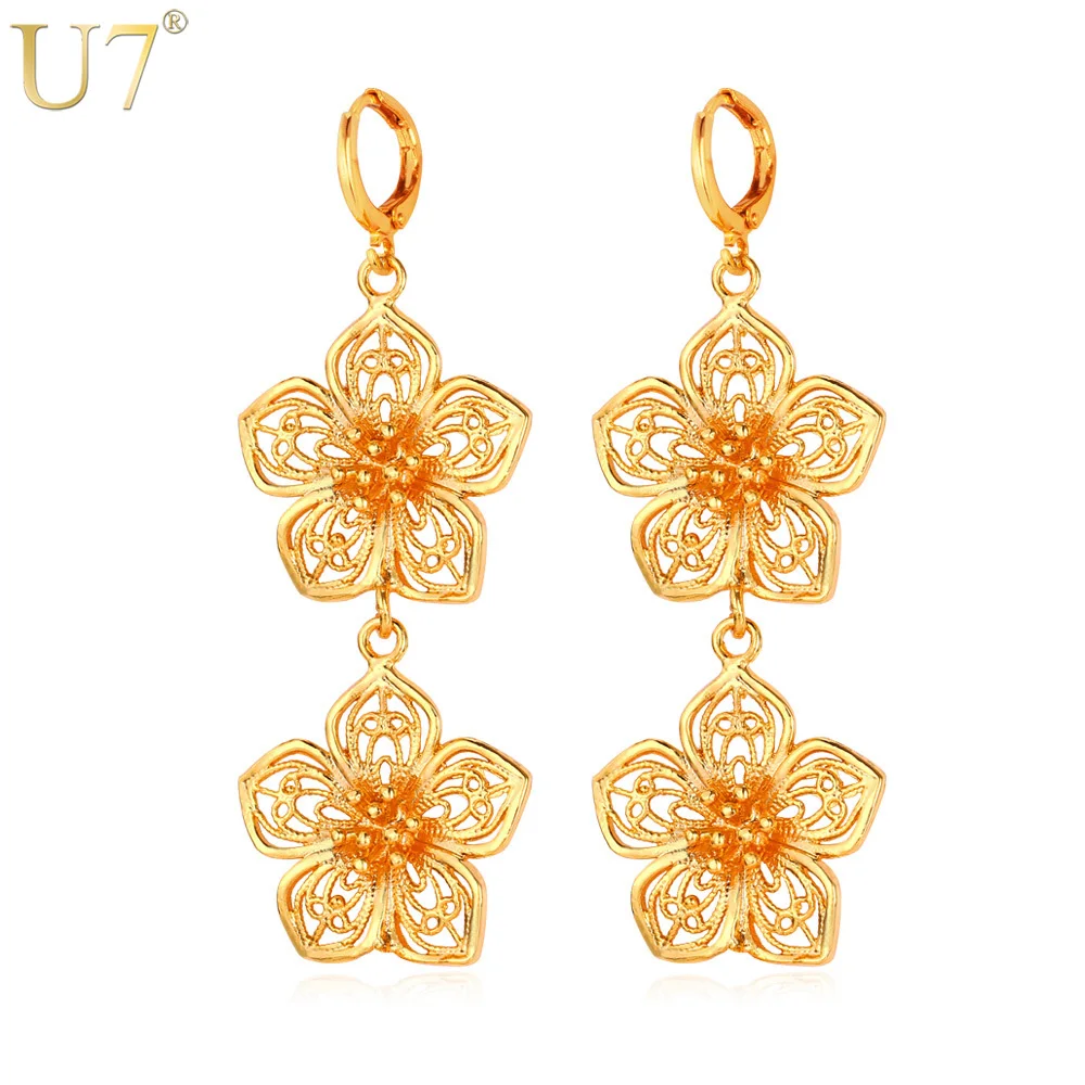 

U7 Gold Color Flower Earrings Vintage Jewelry Wholesale Fashion Jewelry Cute Long Earrings For Women E685