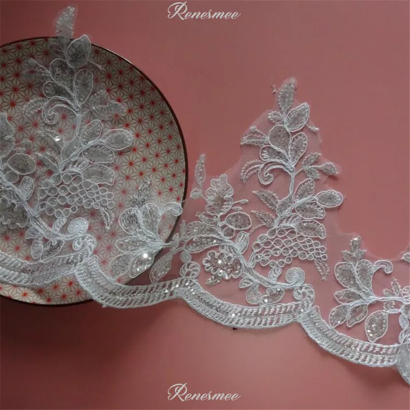 Delicate 1m White/Ivory Sequin Cording Fabric Flower Venise Venice Mesh Lace Trim Applique Sewing Craft for Wedding Dec. 21.5cm | Дом и сад