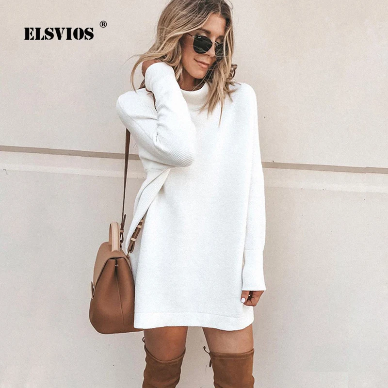 

ELSVIOS Women Casual solid straight dress Autumn winter Turtleneck straight mini dresses Elegant Fashion Loose Pullover Dress