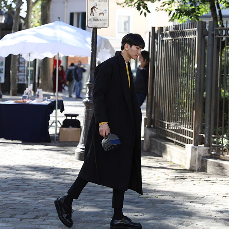 Осень Зима корейская мода Тренч для мужчин Oversize Drop Shoulder Длинная ветровка пальто