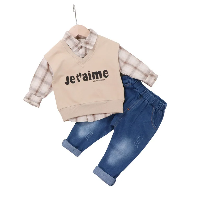 

Autumn Children's Clothing Sets Baby Boys Plaid Long-sleeved Shirt Cotton Vest + Jeans 3pcs Clothes Set Toddler Kids Clothes